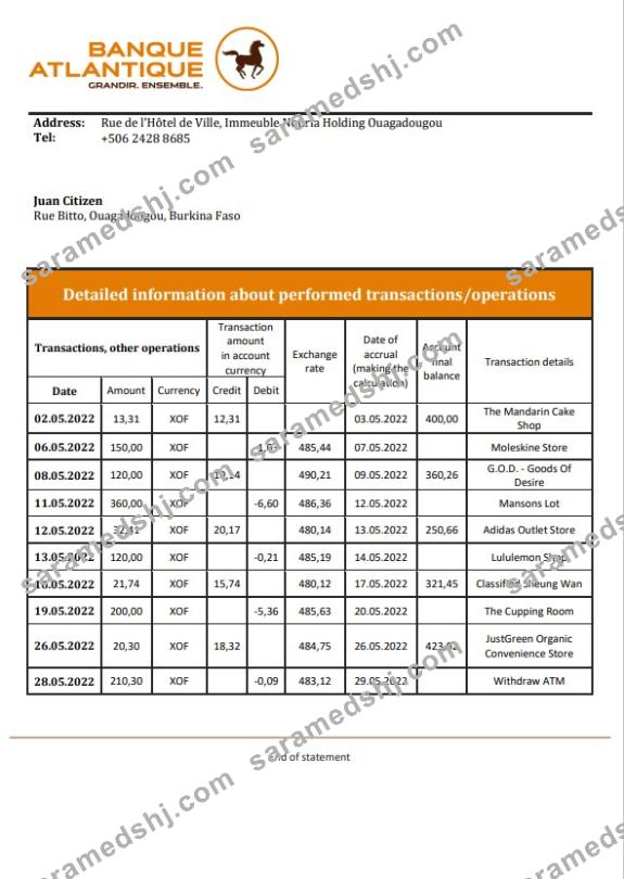 Burkina Faso Banque Atlantique bank statement template, Word and PDF format